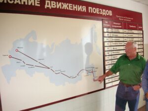 A map showing the Trans-Siberian railroad, the longest railroad in the world. The gentleman is pointing to Vladivostok, the eastern terminus of the railroad.